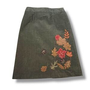 Vintage Petites Olive Green Corduroy Skirt Embroidered Autumn Leaves Midi 8P